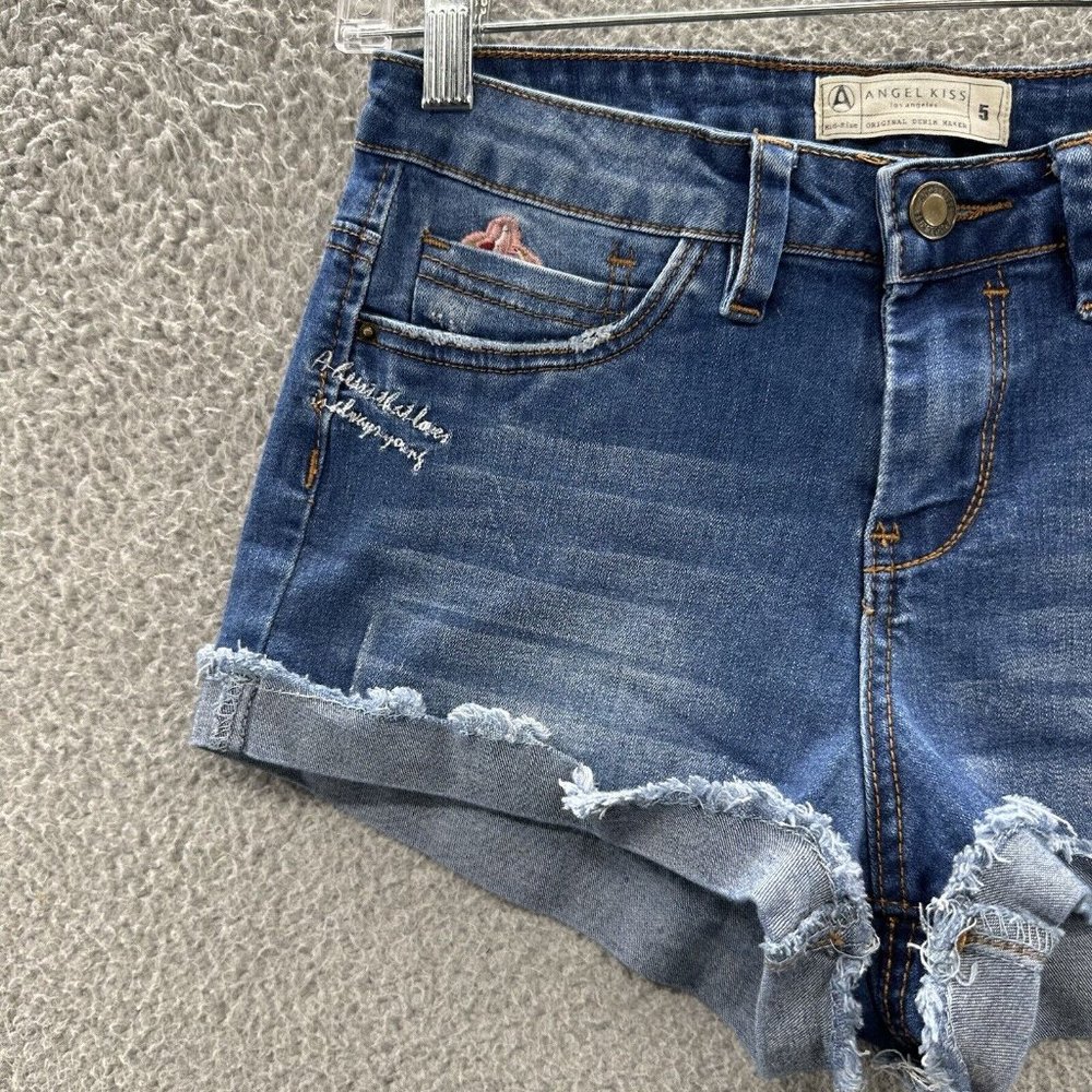 Angel Kiss Shorts Juniors 5 Blue Denim Floral Embroidered Cuff Shorts Junior's 5 - Picture 3 of 14